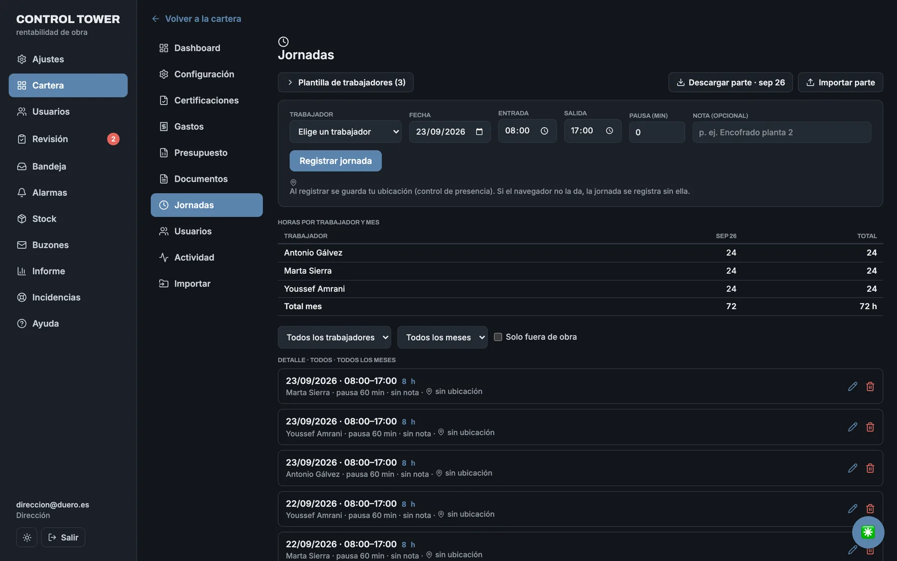 Jornadas de una obra con horas por trabajador y mes y el detalle de cada día